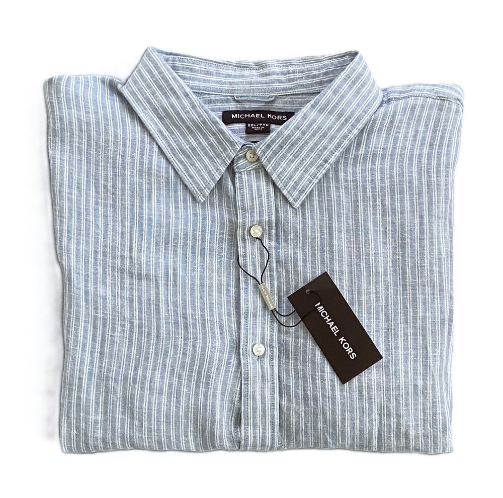 Michael Kors Shirt Men's XXL Classic Fit Linen Short Sleeve Blue Pinstripe NWT